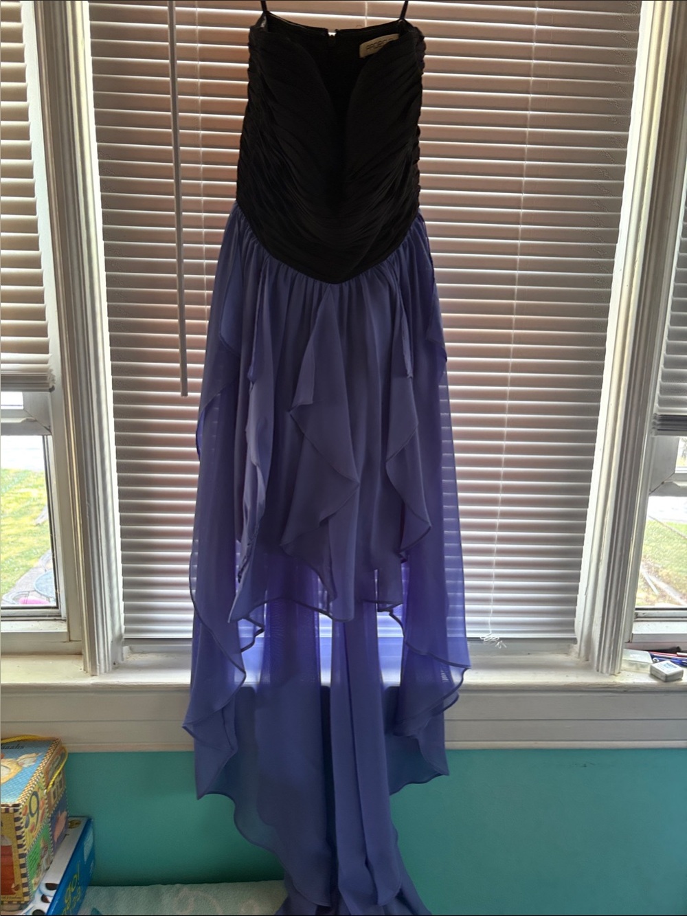 Arden B Black and Purple Pleated Strapless Dress